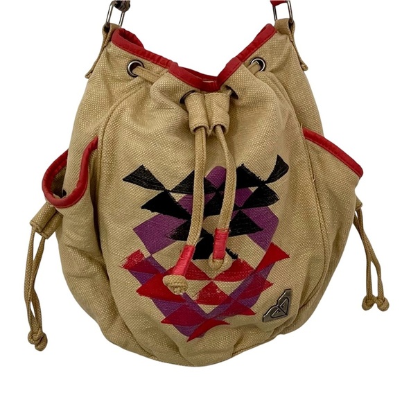 ROXY Tan Pink Black Women's Crossbody Drawstring Bucket Bag Adjustable Strap - Picture 2 of 8